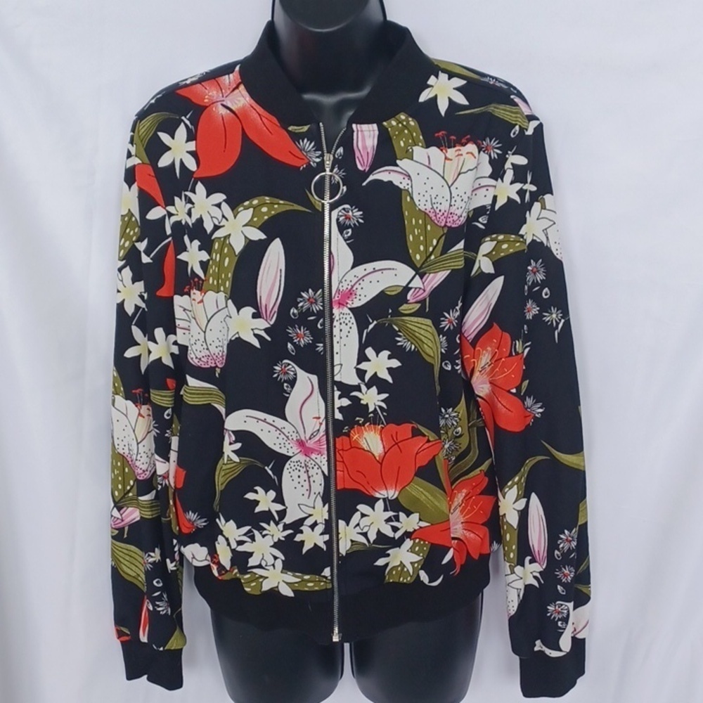 Black floral bomber style jacket, tropical print, front zip, black & red